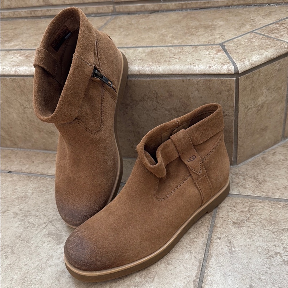 UGG Tan Ankle Boots with Soft Suede and Relaxed Style
